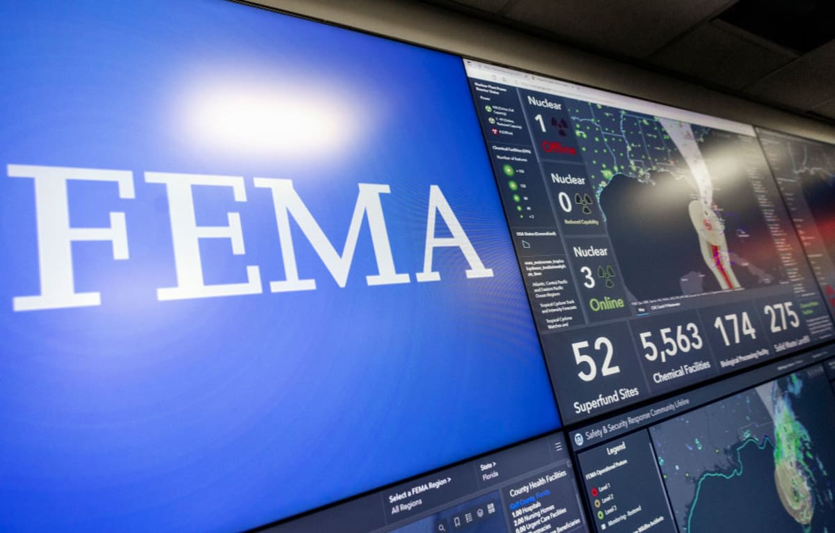 Screens display information on Hurricane Ian inside the National Response Coordination Center at the Federal Emergency Management Agency (FEMA) headquarters, on September 28, 2022 in Washington, DC. (Image Source: Getty Images | Photo by Kevin Dietsch)