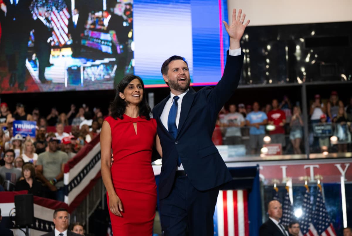 Image Source: U.S. Sen. J.D. Vance (R-OH) and his wife Usha Vance introducing Donald Trump during a rally at Herb Brooks National Hockey Center on July 27, 2024 in St Cloud, Minnesota. Getty Images | Photo by Stephen Maturen