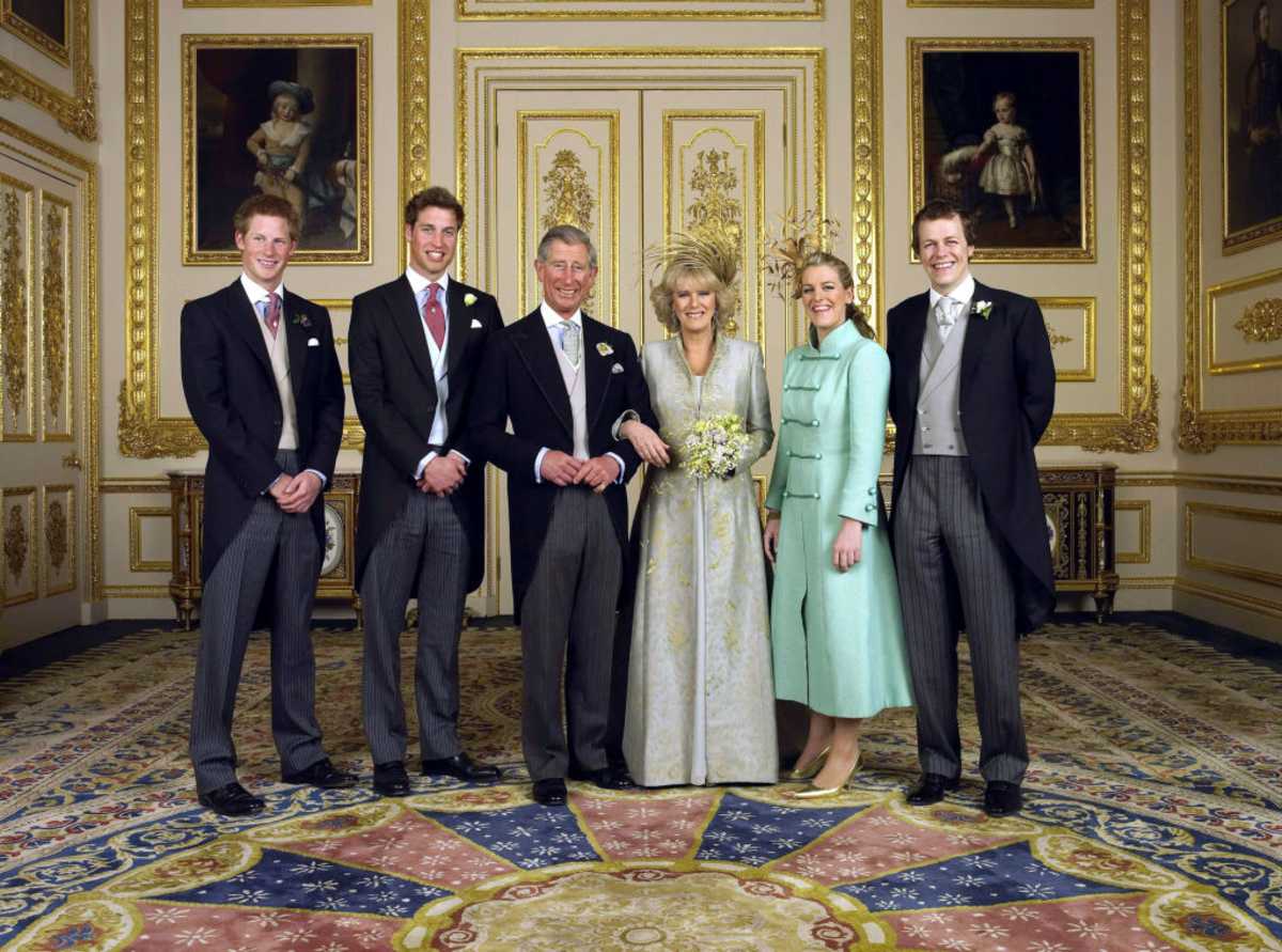 Prince of Wales and his new bride Camilla, with their children (L-R) Prince Harry, Prince William, Laura Parker Bowles & Tom Parker Bowles, at Windsor Castle on April 9, 2005. (Image Source: Anwar Hussein Collection/ Getty Images)