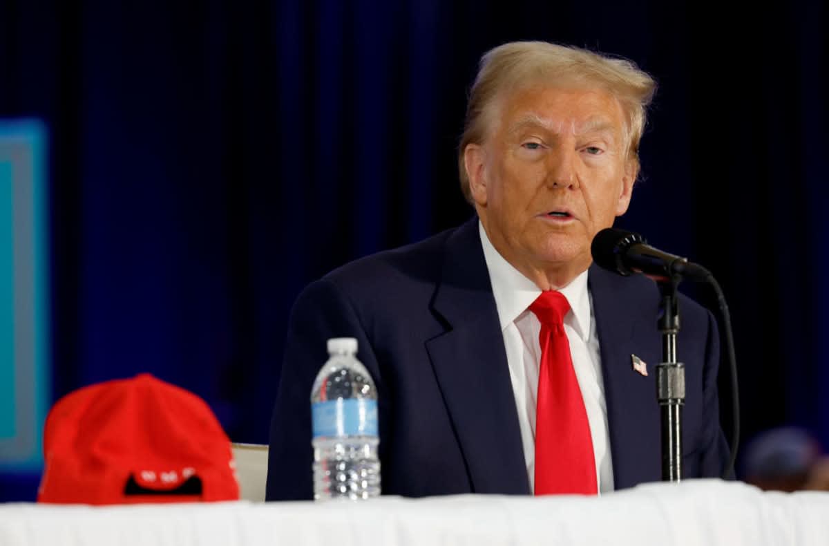 Donald Trump participates in a roundtable discussion at the Latino Summit held at Trump National Doral Golf Club on October 22, 2024 in Doral, Florida (Image Source: Getty Images / Photo by Photo by Anna Moneymaker)