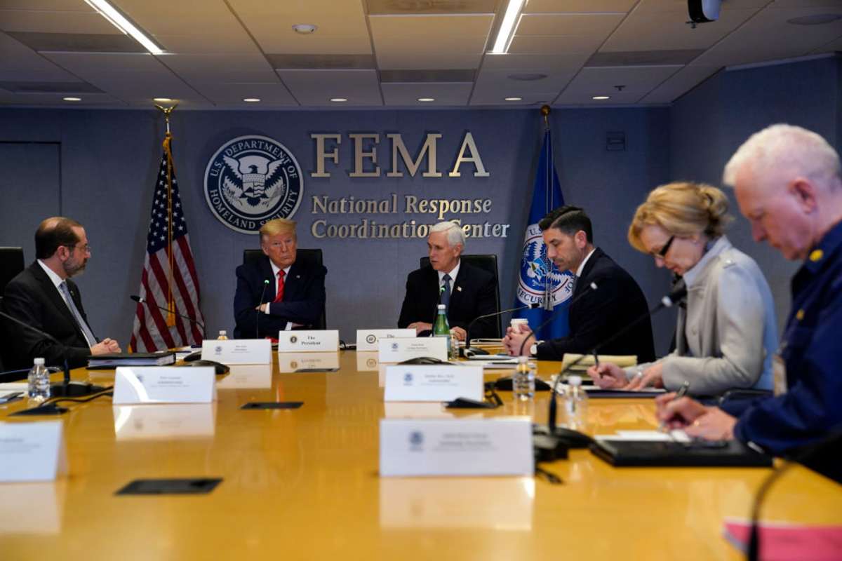 Donald Trump attends a teleconference with governors at the Federal Emergency Management Agency. (Image Source: Photo by Evan Vucci-Pool/Getty Images)