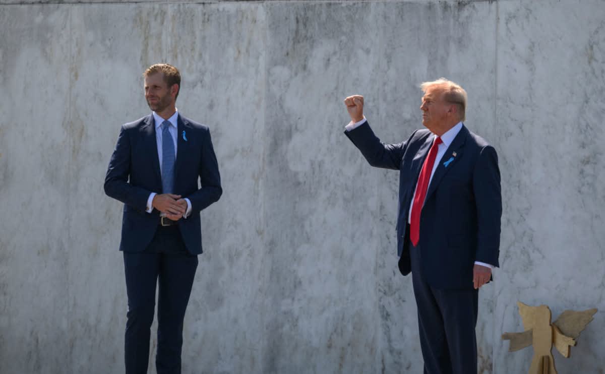 Donald Trump & Eric Trump at the Flight 93 National Memorial on September 11, 2024, in Shanksville, Pennsylvania. (Image Source: Getty Images| Photo by Jeff Swensen)