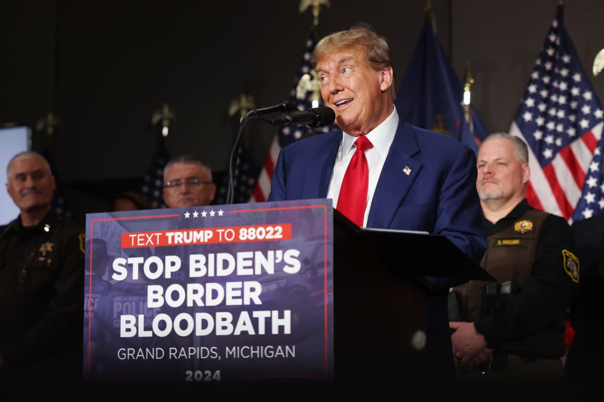 Donald Trump speaks at a campaign event on April 02, 2024 in Grand Rapids, Michigan. (Image Source: Getty Images | Spencer Platt)