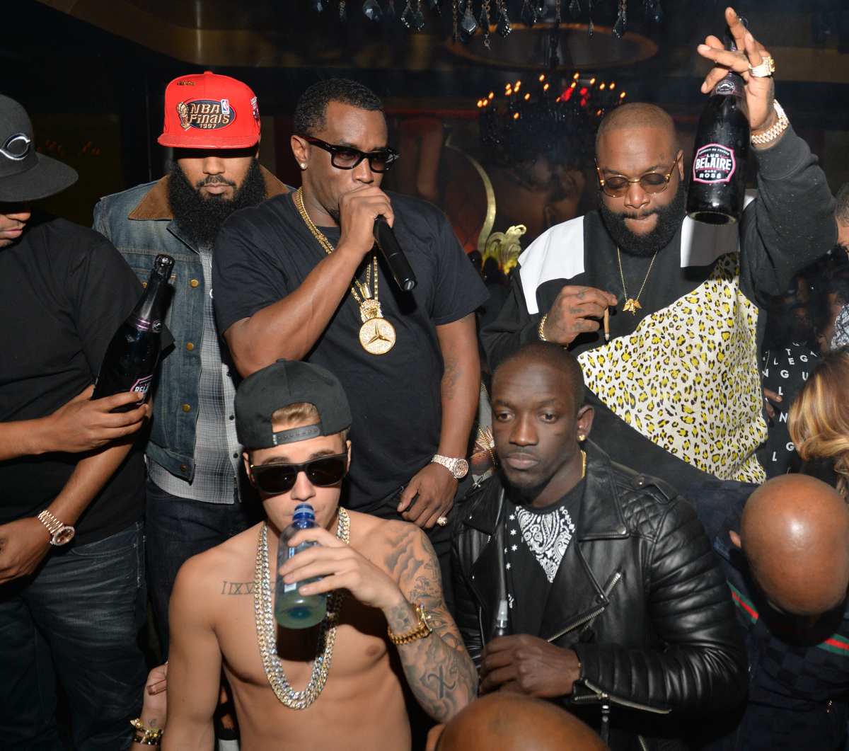 Alex Gidewon, Stalley, Sean 'Diddy' Combs, Rick Ross, Bu Thiam and Justin Bieber attend Ciroc party at Vanquish Lounge. Image Source: Photo by Prince Williams | Getty Images 