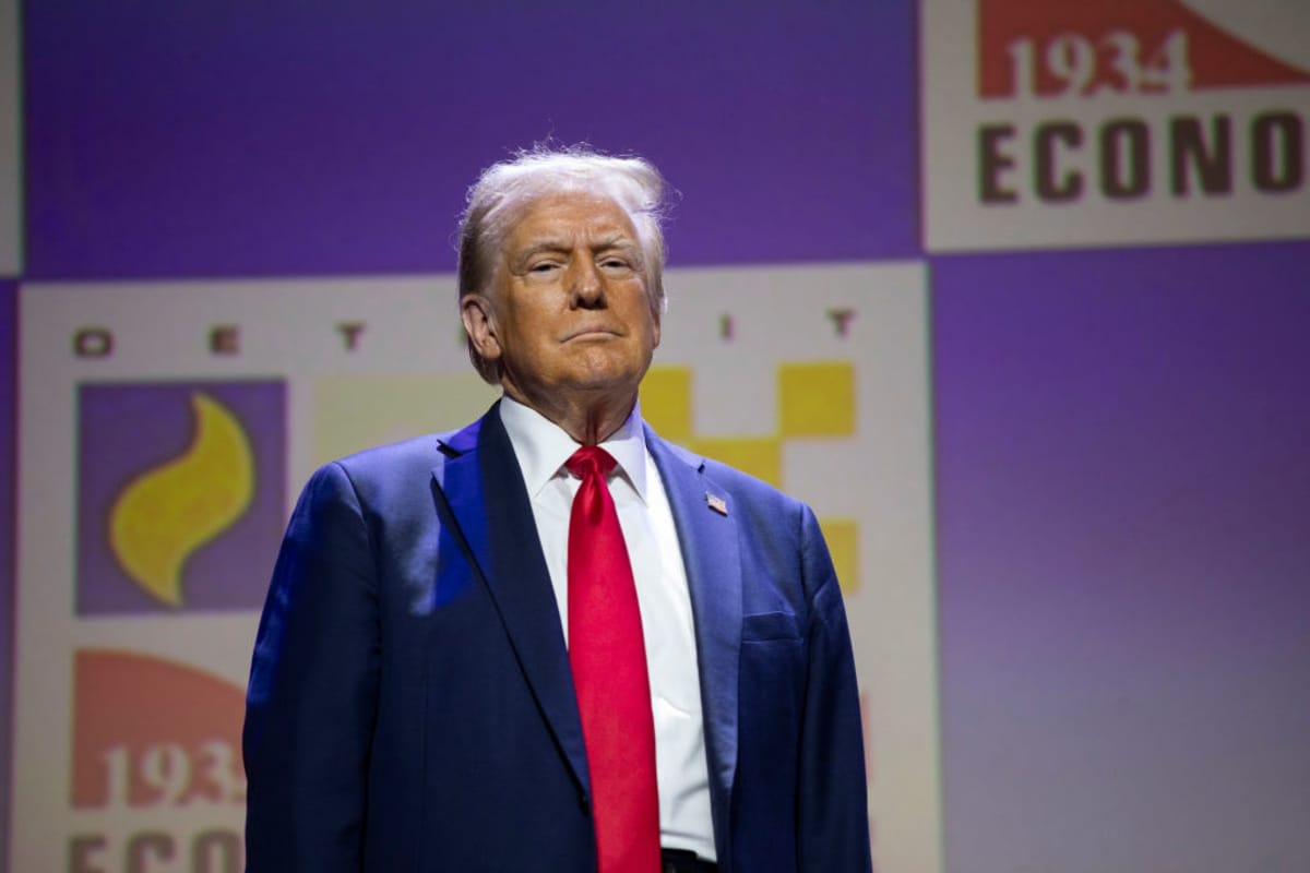 Donald Trump at the Detroit Economic Club on October 10, 2024, in Michigan. (Image Source: Getty Images | Photo By Bill Pugliano)