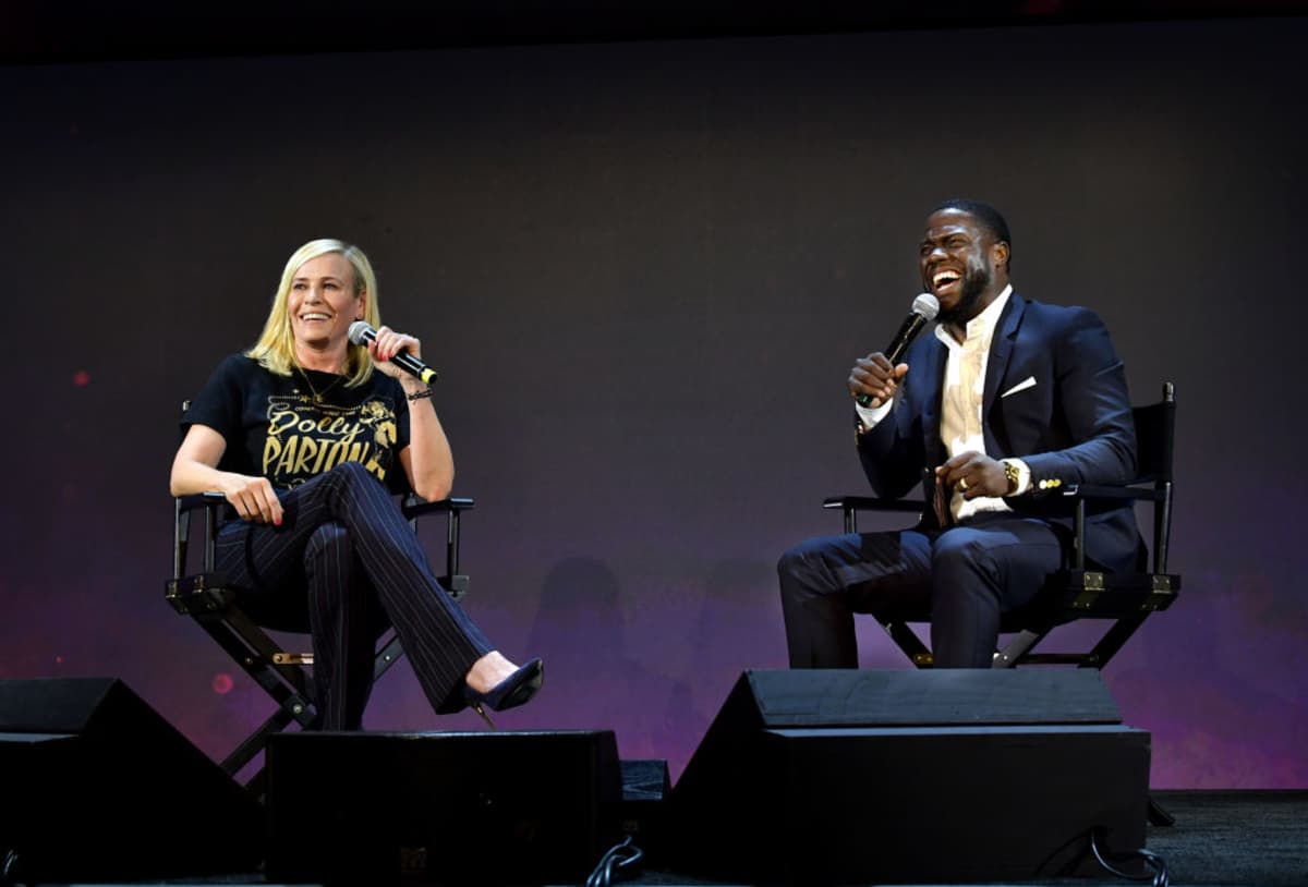  Chelsea Handler and Kevin Hart speak onstage at the 'Netflix Is A Joke' screening at Raleigh Studios. (Image Source: Photo by Emma McIntyre/Getty Images for Netflix)