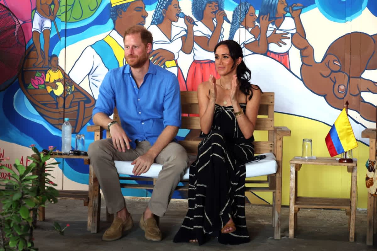 Prince Harry, Duke of Sussex and Meghan, Duchess of Sussex at the Escuela Tambores de Cabildo during The Duke and Duchess of Sussex Colombia Visit on August 17, 2024 in Cartagena, Colombia. (Image Source: Photo by Eric Charbonneau/Getty Images)