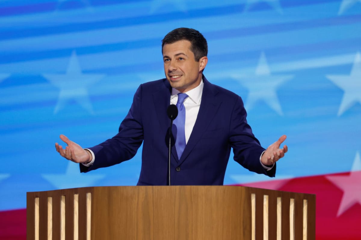 Pete Buttigieg speaks on stage during the third day of the Democratic National Convention at the United Center on August 21, 2024 in Chicago, Illinois.  (Image Source: Getty Images | Photo By Chip Somodevilla)