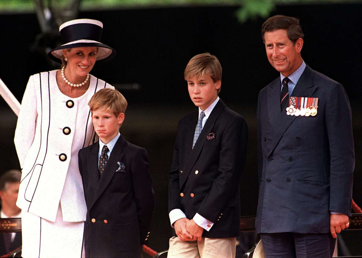 Princess Diana, Prince Harry, Prince William, and Prince Charles in August 1994 in London. (Image Source: Getty Images | Photo by Terry Fincher)