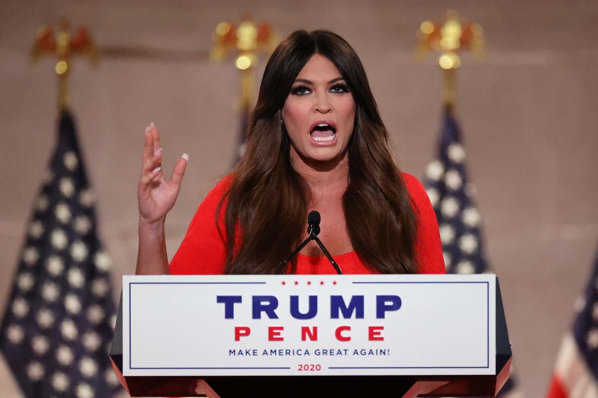 Kimberly Guilfoyle pre-records her address to the Republican National Convention at the Mellon Auditorium in 2020. (Image Source): Getty Images | Photo by Chip Somodevilla