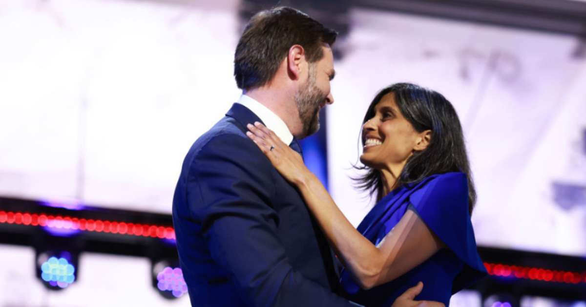 J.D. Vance and Usha Chilukuri Vance on stage on the third day of the Republican National Convention on July 17, 2024 in Milwaukee, Wisconsin.  (Image Source: Getty Images | Photo By Joe Raedle)