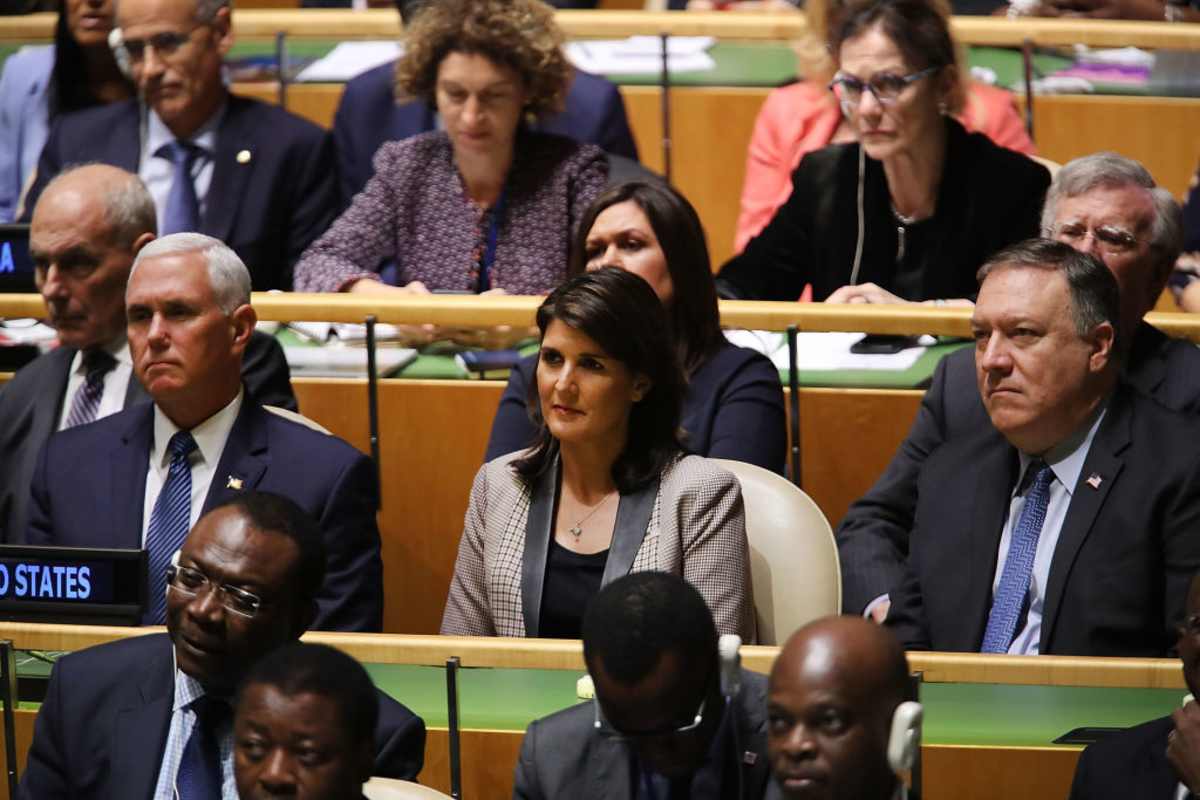 Nikki Haley & Mike Pompeo at the 73rd United Nations (U.N.) General Assembly on September 25, 2018, in NYC. (Image Source: Getty Images| Photo by Spencer Platt)