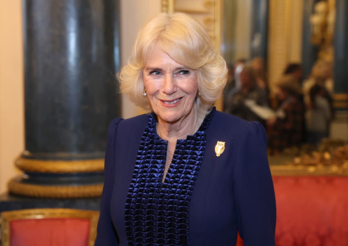 Queen Camilla smiles during a reception for the BBC's 500 Words Finalists at Buckingham Palace on February 28, 2024 in London, England. (Image Source: Chris Jackson/Getty Images)