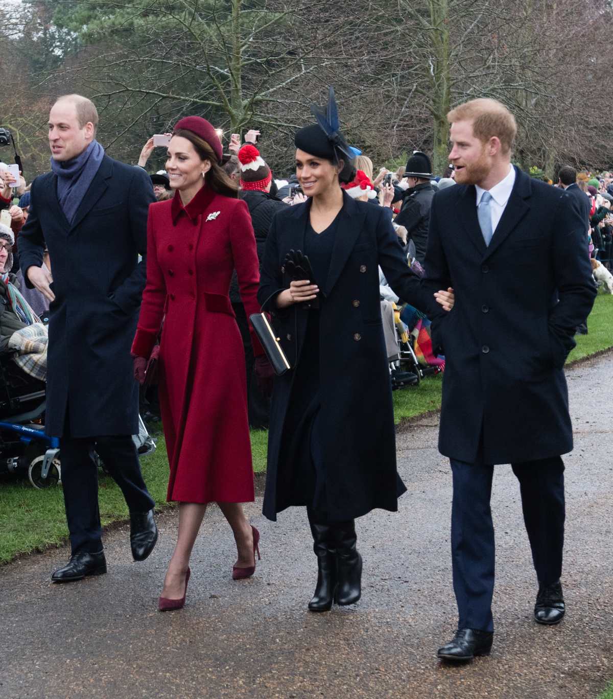 Prince William, Catherine, Duchess of Cambridge, Meghan, Duchess of Sussex, and Prince Harry attend Christmas Day Church service on the Sandringham estate on December 25, 2018 in King's Lynn, England. (Image Source: Getty Images | Photo by Samir Hussein)