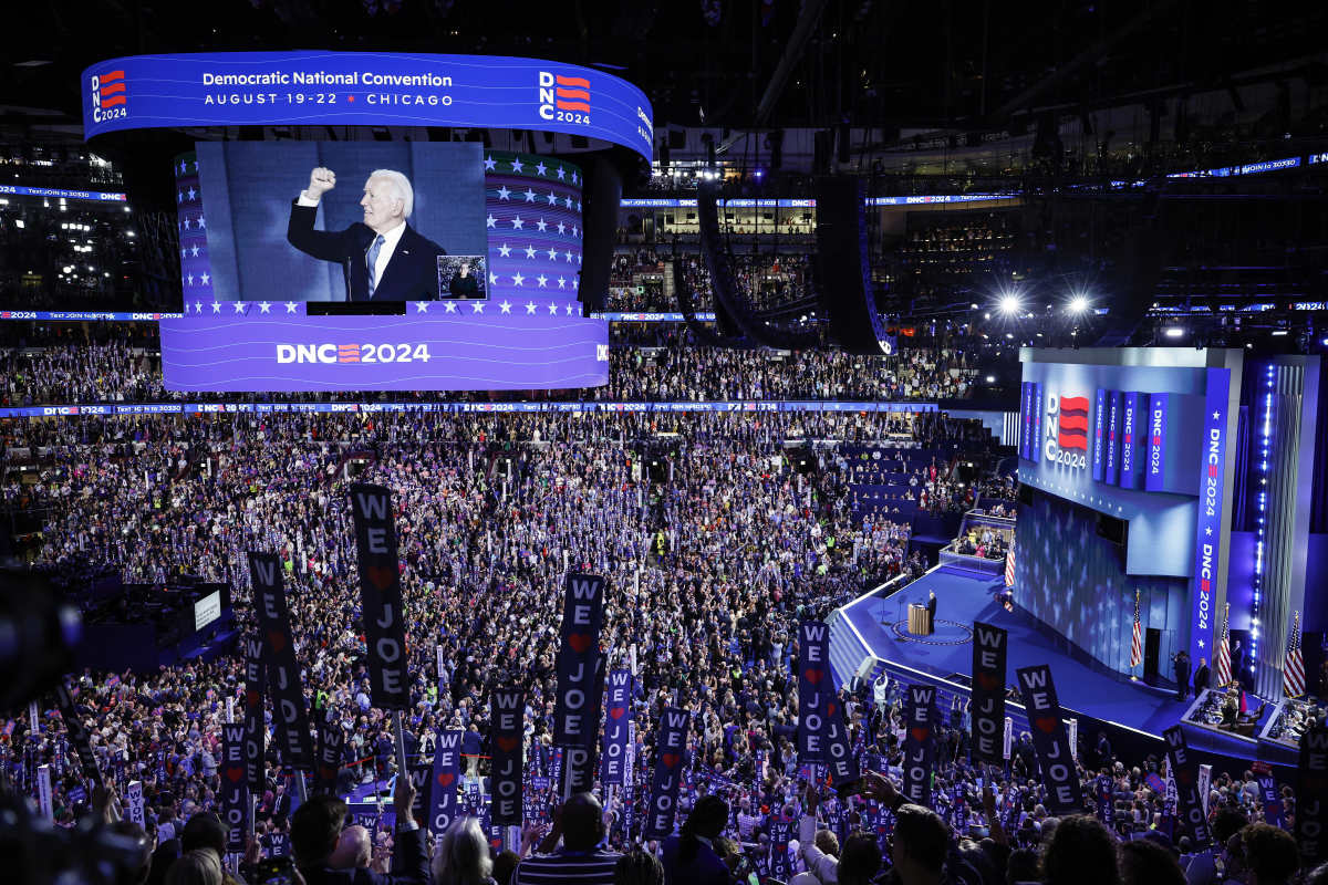 Joe Biden speaks onstage during the first day of the Democratic National Convention. Image Source: Getty Images | Photo by Chip Somodevilla