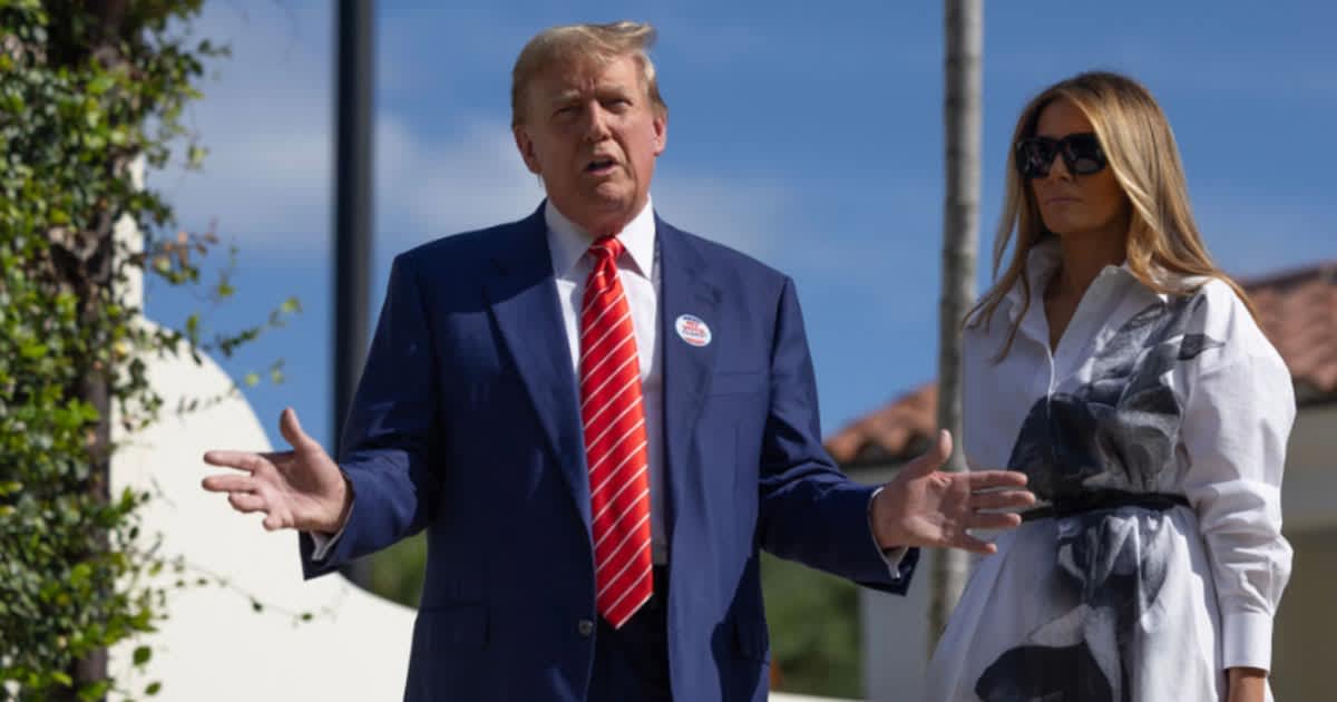 Donald Trump and Melania Trump after voting at a polling station setup on March 19, 2024, in Palm Beach, Florida.  (Image Source: Getty Images | Photo By Joe Raedle)