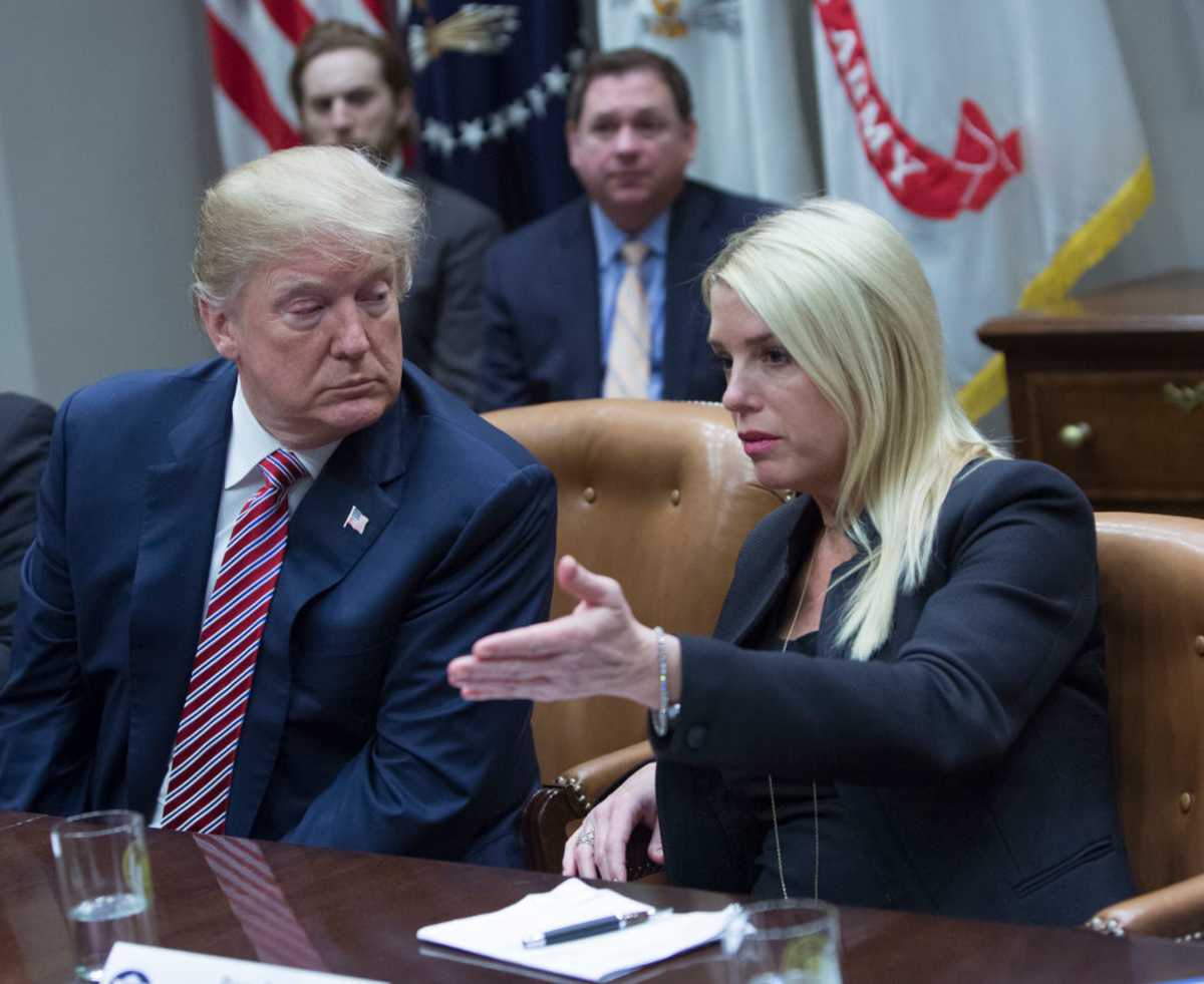 Florida Attorney General Pam Bondi speaks during a meeting with President Donald Trump. (Image Source: Getty Images | Photo By Chris Kleponis)