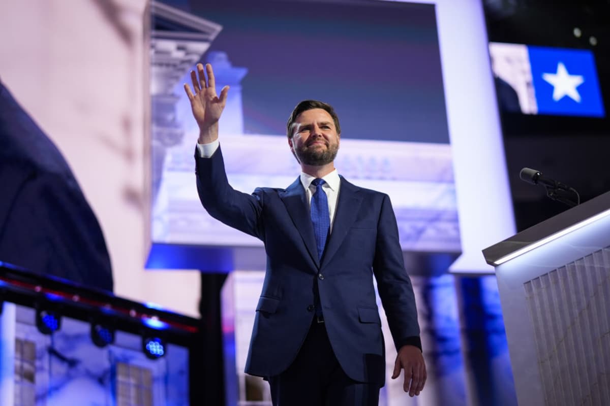 Sen. J.D. Vance at the Republican National Convention on July 17, 2024, in Milwaukee, Wisconsin. (Image Source: Getty Images| Photo by Andrew Harnik) 