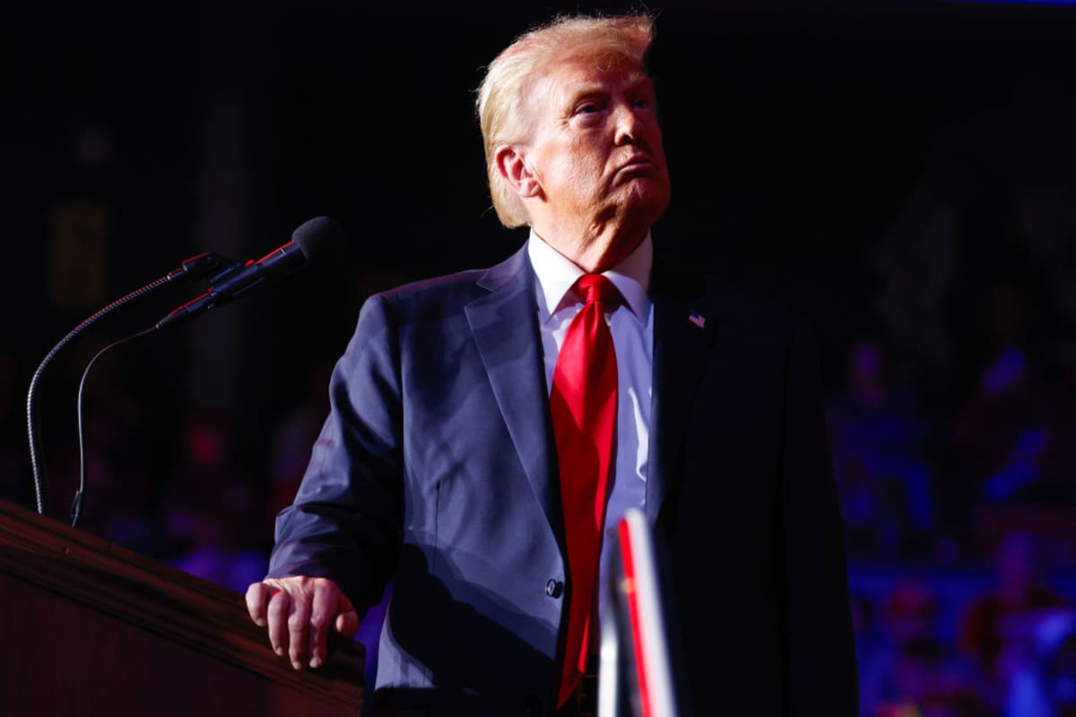 Donald Trump greets supporters during a campaign rally at Lee’s Family Forum on October 31, 2024, in Henderson, Nevada. (Image Source: Chip Somodevilla/Getty Images)