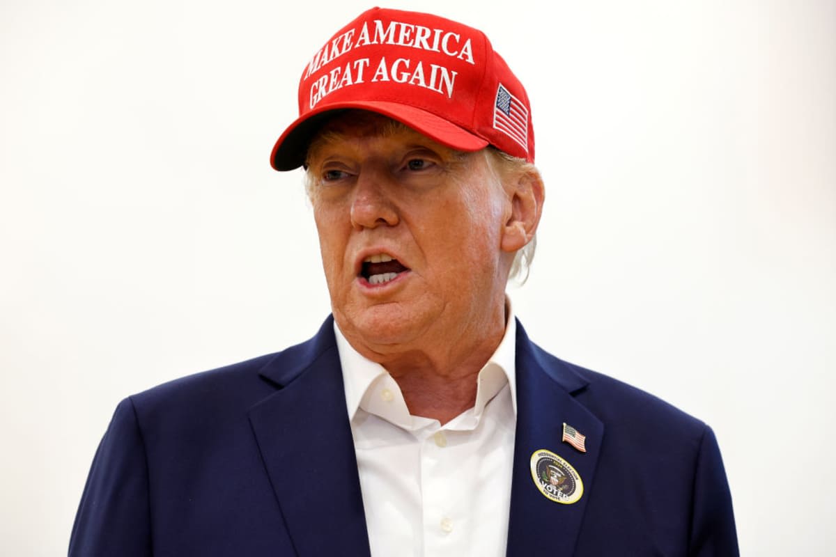 Donald Trump talks to reporters after casting their votes at the polling place in the Morton and Barbara Mandel Recreation Center on Election Day, on November 05, 2024 in Palm Beach, Florida. Trump will hold an Election Night event at the Palm Beach Convention Center. (Image Source: Photo by Chip Somodevilla / Getty Images)