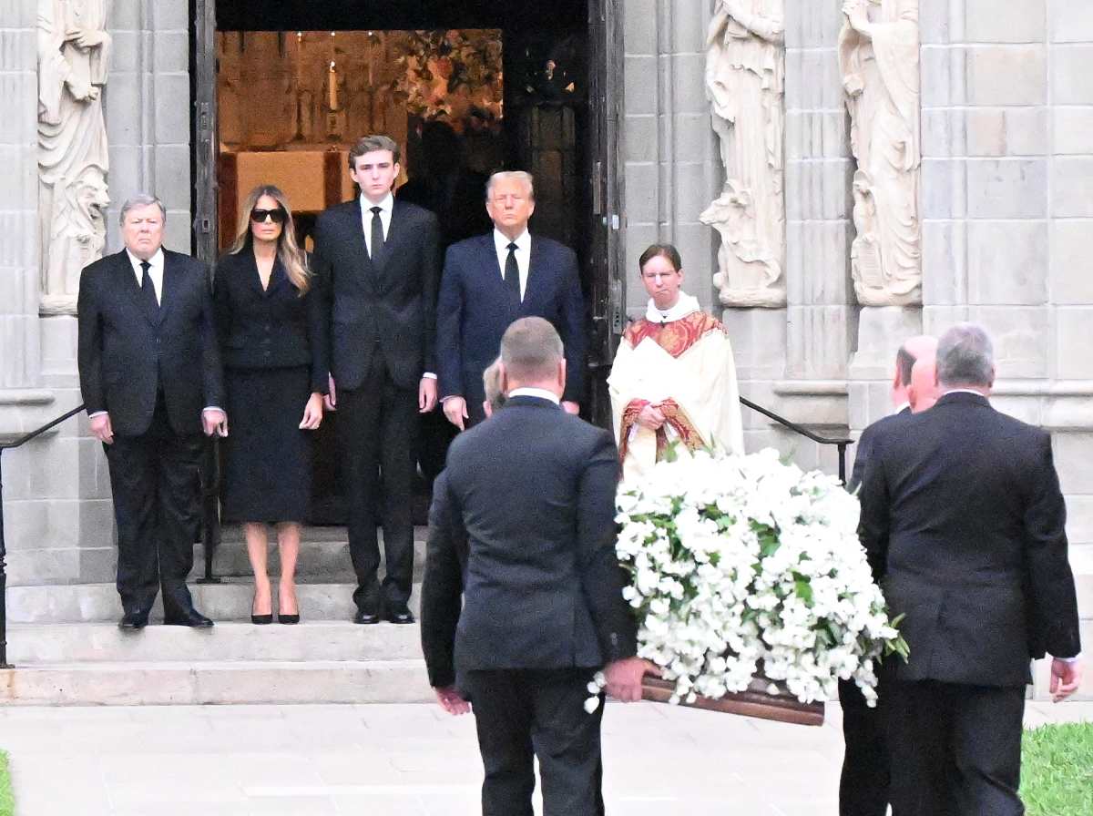 Viktor Knavs, Melania Trump, Barron Trump and Donald Trump are seen at the funeral of Melania's mother Amalija Knavs. (Image Source): Getty Images | Photo by MEGA