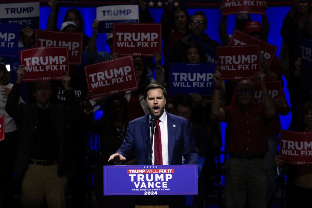 JD Vance (R-OH) on November 4, 2024 in Flint, Michigan. Image Source: Photo by Scott Olson / Getty Images