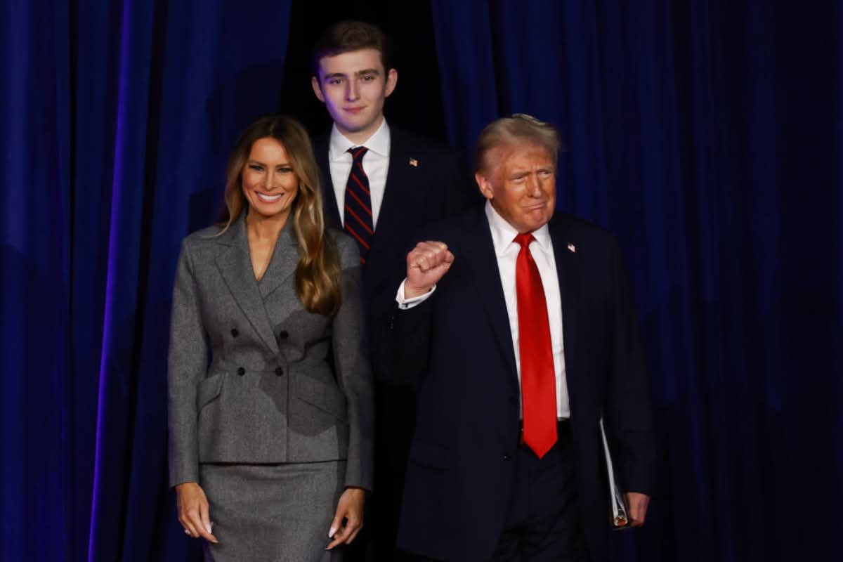 Donald, Melania & Barron Trump at the Palm Beach Convention Center on November 06, 2024, Florida. (Image Source: Getty Images| Photo by Joe Raedle) 