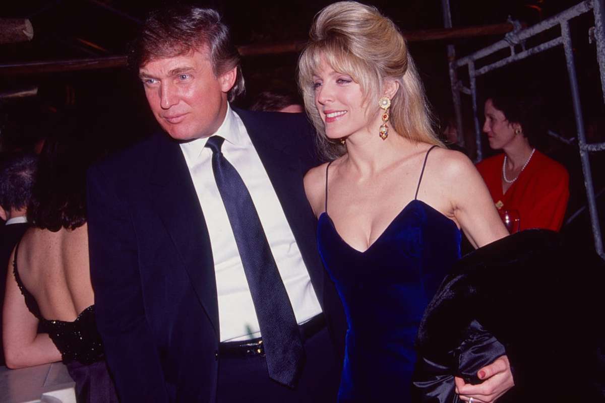 Donald Trump & Marla Maples at a birthday party in New York, January 7, 1991. (Image Source: Getty Images| Photo by Sonia Moskowitz) 