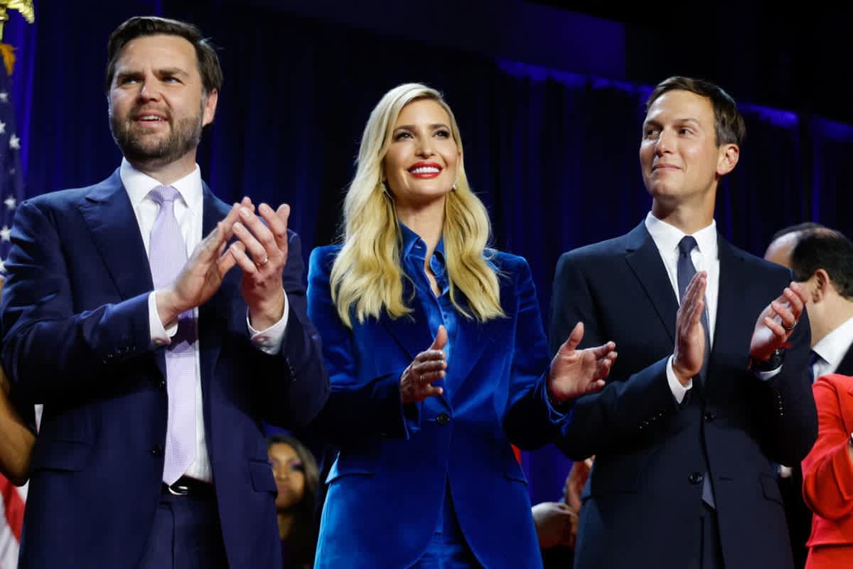 J.D. Vance, Ivanka Trump, and Jared Kushner during an election night event on Nov 06, 2024, in Florida. (Image Source: Getty Images | Photo by Chip Somodevilla)