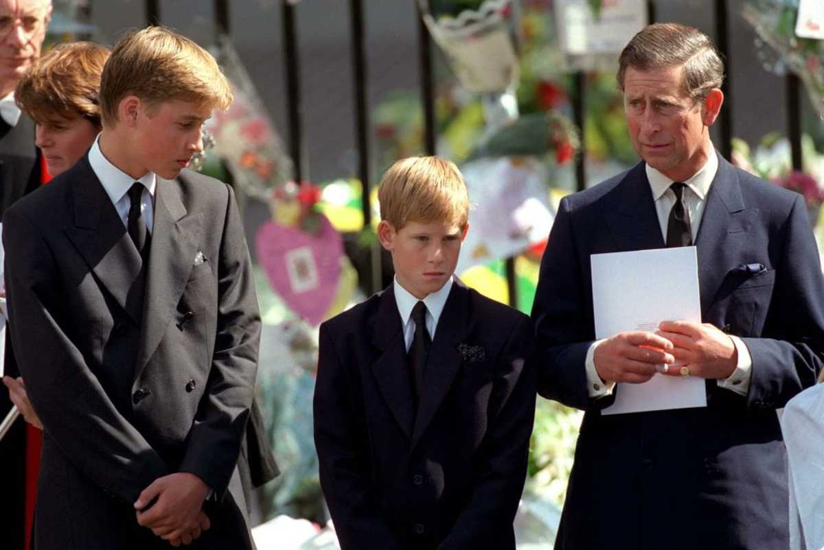 King Charles, Prince William, and Prince Harry at the funeral of Princess Diana. (Image Source: Getty Images | Photo By Anwar Hussein)