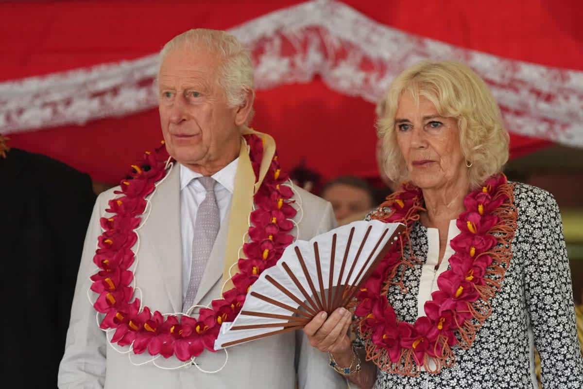 King Charles III and Queen Camilla are seen during a farewell ceremony, on the final day of the royal visit to Australia and Samoa at the Siumu Village on October 26, 2024 in Apia, Samoa. (Image Source: Getty Images / Photo by Aaron Chown)