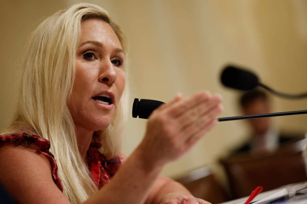 Rep. Marjorie Taylor Greene (R-GA) questions U.S. Homeland Security Secretary Alejandro Mayorkas in the Cannon House Office Building on Capitol Hill on April 16, 2024 in Washington, DC. (Image Source: Joe Raedle/Getty Images)