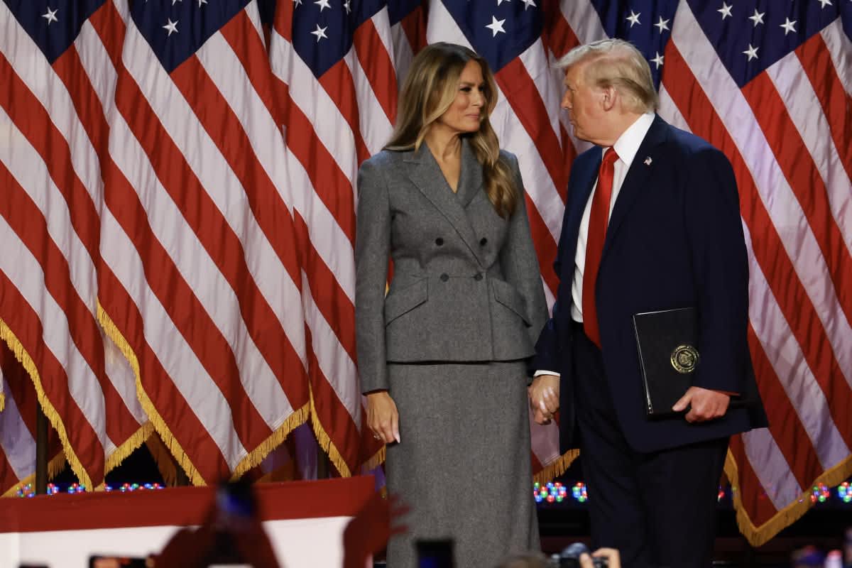 Donald Trump arrives to speak with former first lady Melania Trump during an election night event. Image Source: Getty Images | Photo by Joe Raedle 