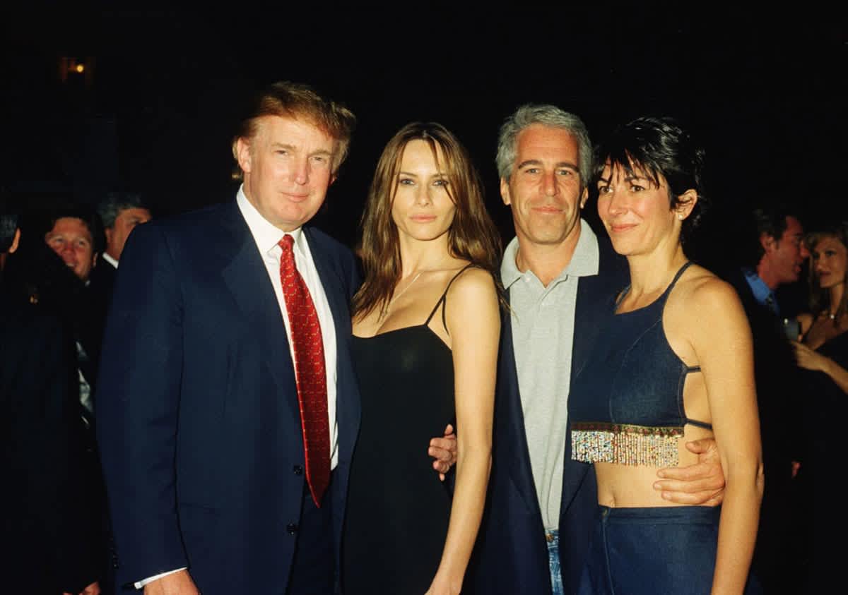 Donald Trump, Melania Trump, Jeffrey Epstein, and British socialite Ghislaine Maxwell at the Mar-a-Lago club, Palm Beach, Florida, February 12, 2000. (Image Source: Getty Images / Photo by Davidoff Studios)