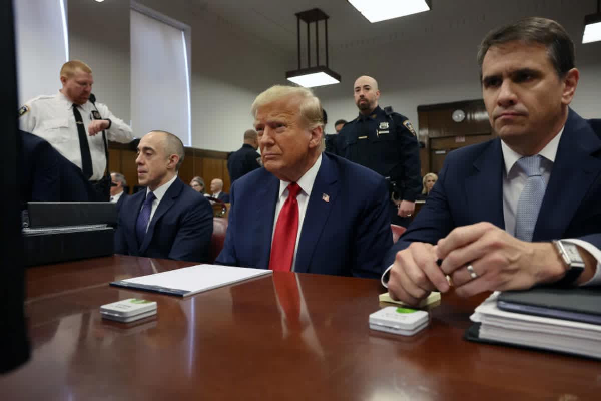 Donald Trump sits in a Manhattan Criminal Courtroom with members of his legal team on April 25, 2024, in New York City. (Image Source: Getty Images | Photo by Spencer Platt)