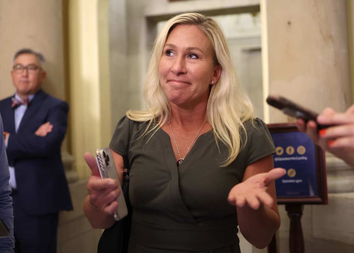 Marjorie Taylor Greene talks to reporters at the U.S. Capitol on May 30, 2023, in Washington, DC. (Image Source: Getty Images | Photo By Kevin Dietsch)