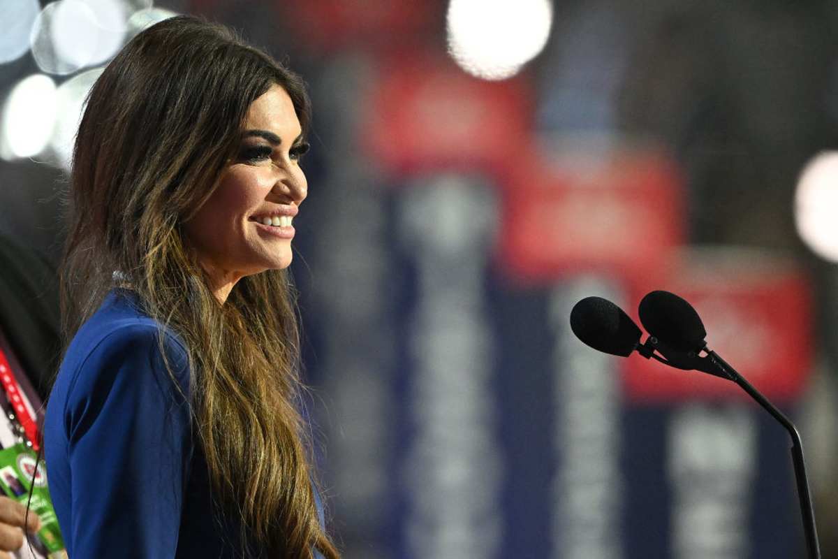 Kimberly Guilfoyle speaks during preparations for the second day of the Republican National Convention. (Image Source: Getty Images | Photo by Leon Neal)