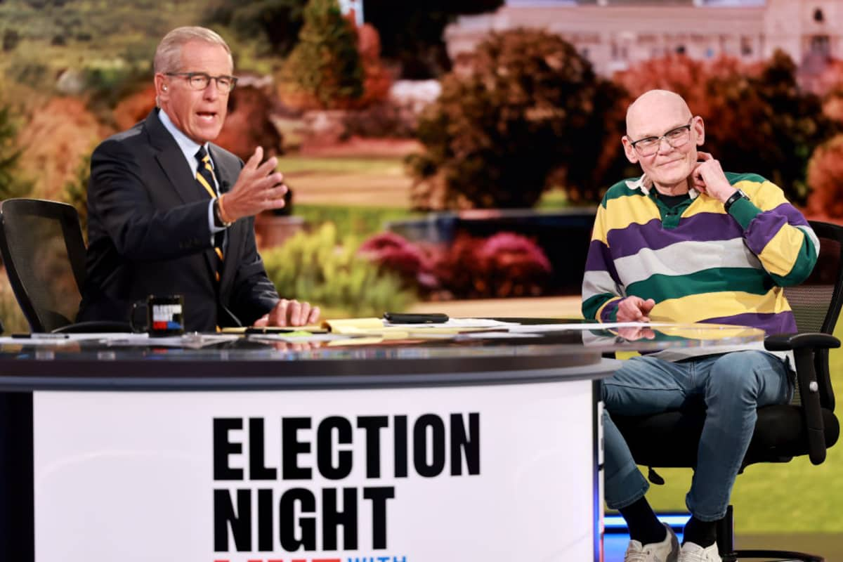 Brian Williams and James Carville speak onstage during Election Night Live With Brian Williams at Amazon Studios. (Image Source: Getty Images | Photo by Matt Winkelmeyer)