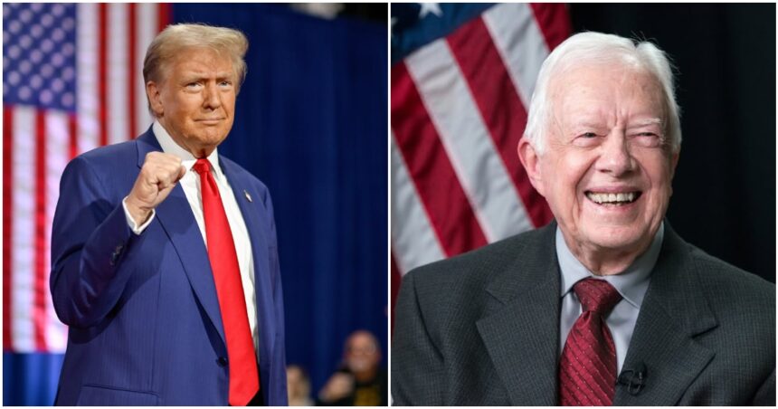 Donald Trump At A Pennsylvania Rally on the left and Late US President Jimmy Carter on the right.