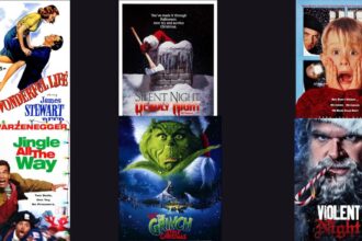 Posters for It's A Wonderful Life, Silent Night Deadly Night, Home Alone, Jingle All The Way, How the Grinch Stole Christmas, and Violent Night.