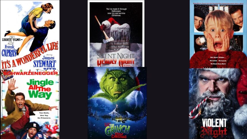 Posters for It's A Wonderful Life, Silent Night Deadly Night, Home Alone, Jingle All The Way, How the Grinch Stole Christmas, and Violent Night.