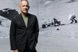 Tom Hanks posing for a new project with Lightroom in London