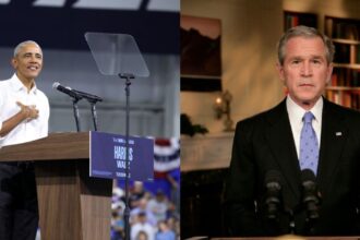 Barack Obama at a campaign rally and George W. Bush addressing the nation on Iraq strategy- ( via Flickr)