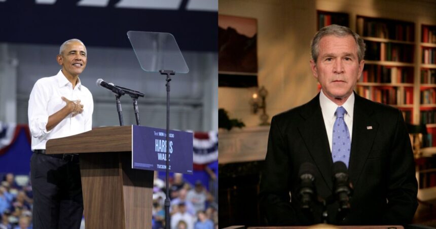 Barack Obama at a campaign rally and George W. Bush addressing the nation on Iraq strategy- ( via Flickr)