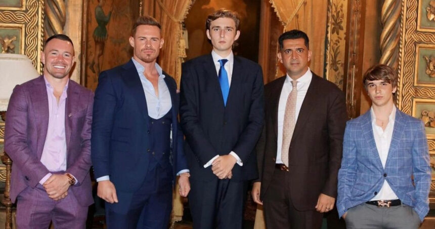 Barron Trump (C) with Valuetainment podcast host Patrick Bet-David (to Barron's right) and other guests at Mar-a-Lago