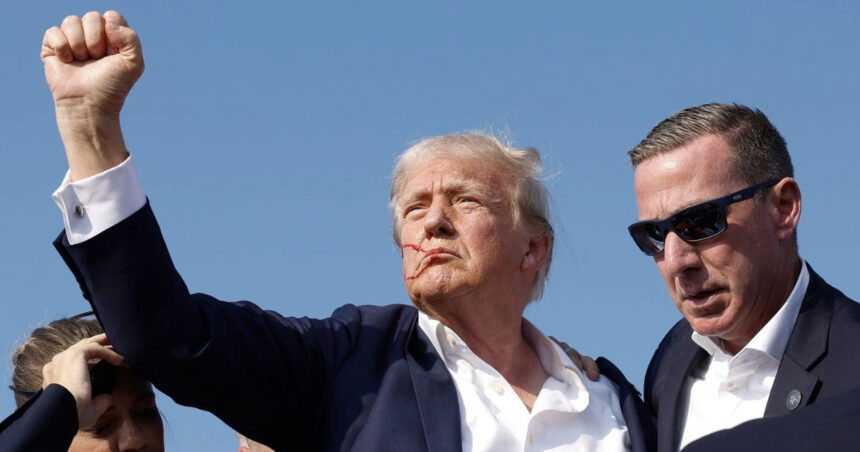 Donald Trump with his fist raised moments after he was shot at the Pennsylvania rally and Sean Curran