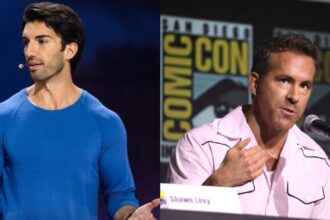 Collage featuring Justin Baldoni delivering a TED Talk (Source: YouTube) alongside Ryan Reynolds speaking at the 2024 San Diego Comic-Con for Deadpool & Wolverine (Photo by Gage Skidmore via Flickr