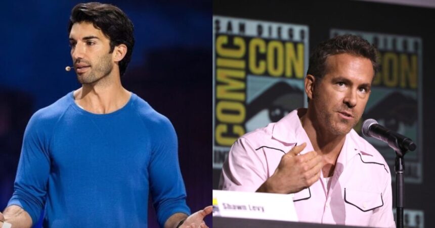 Collage featuring Justin Baldoni delivering a TED Talk (Source: YouTube) alongside Ryan Reynolds speaking at the 2024 San Diego Comic-Con for Deadpool & Wolverine (Photo by Gage Skidmore via Flickr