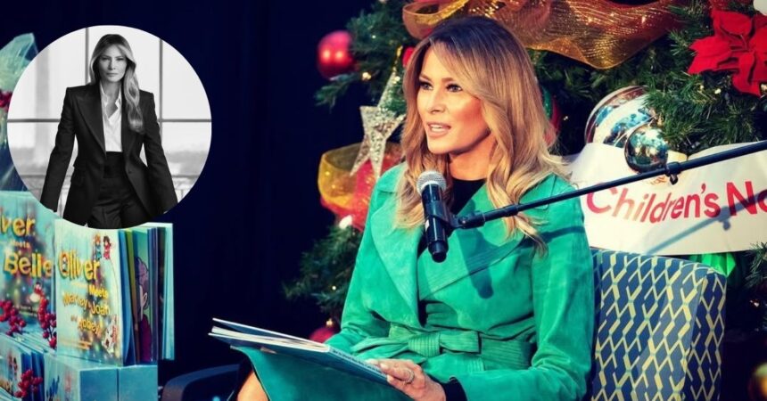 Melania Trump at an event for Children's National and (inset) her official White House portrait.