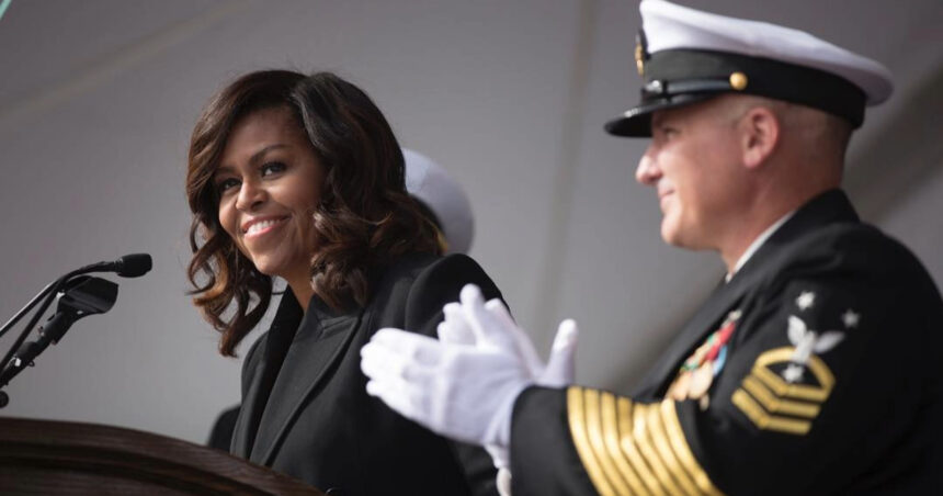 Michelle Obama photographed at commissioning of the USS Illinois